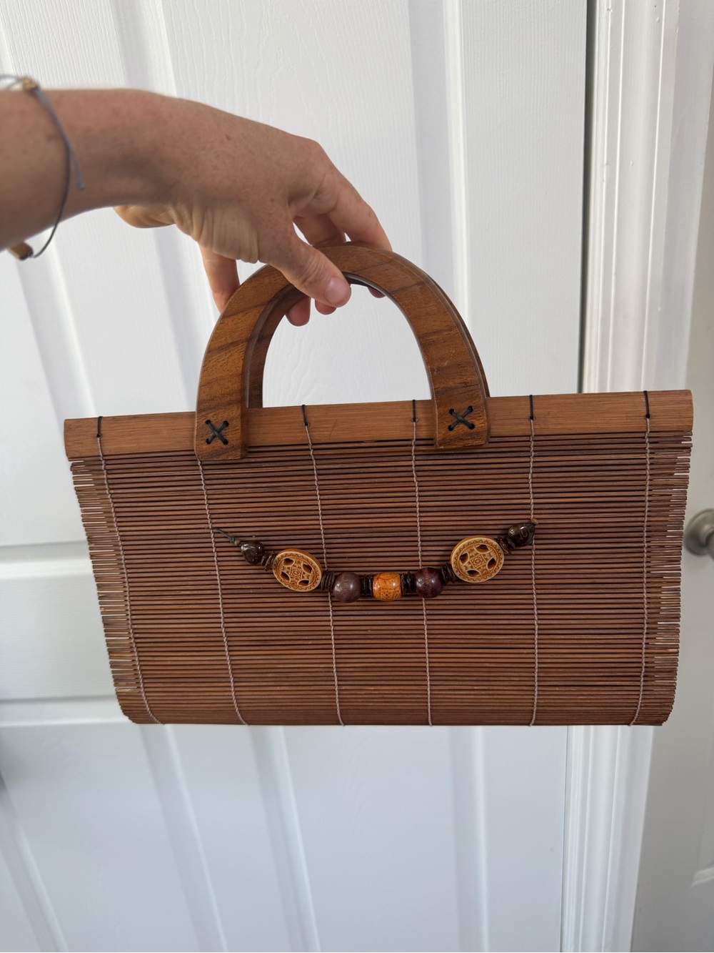 Brown Bamboo Capsule Tote Bag with Decorative Beads